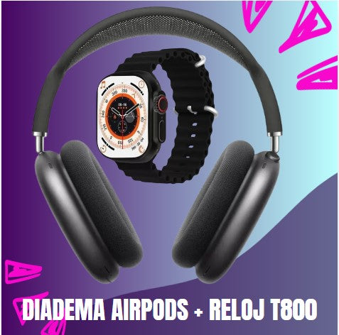 DIADEMA AIRPODS CON ESTUCHE + RELOJ T800